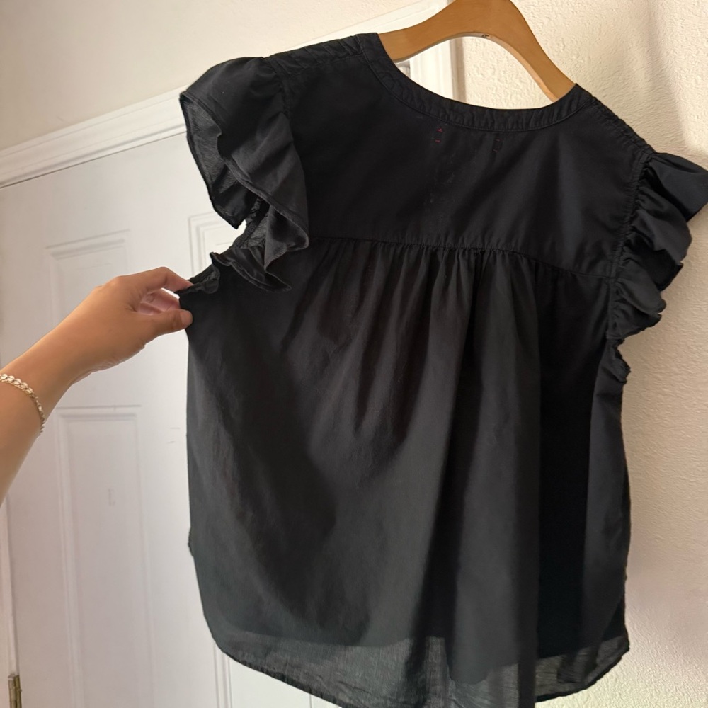 XIRENA black cotton ruffle sleeveless popover boxy cropped ruched blouse top - Picture 4 of 6